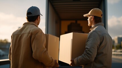 People stacking heavy items onto delivery trucks, use of safety techniques emphasizing workplace safety, load management, and industrial transport operations. cinematic color correction, natural