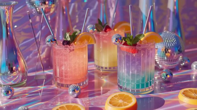 Iced cocktails in rocks glasses with citrus and mint on a chrome holographic surface. Disco reflections sparkle as the shot pulls back. Y2K nightlife drink visual for ads and menus.