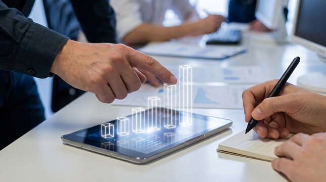 Business professionals analyzing data on tablet with digital graphs - Powered by Adobe