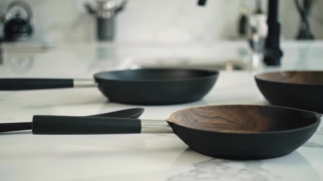 Elegant kitchenware featuring black frying pans and wooden bowls on a marble countertop.