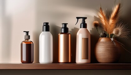 bottles of hair care products including shampoo and conditioner arranged neatly on a shelf showcasing elegant design and branding ideal for beauty and wellness copy space