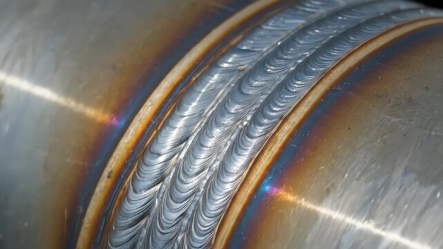 Close-up view of weld joint on a metal pipe with various colorations from heat exposure footage