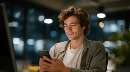 An office worker balancing screen time between a computer monitor and a smartphone, demonstrating multitasking, efficiency, and the modern work environment that combines technology with