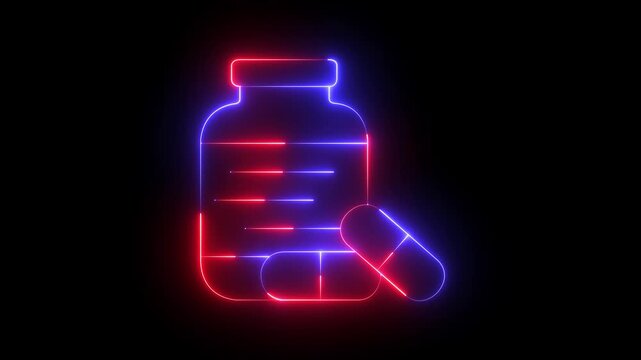 glowing neon supplement icon isolated on black background. medicine bottle and pill icon for medicine and supplement animation. science medicine health care pharmaceutical concept.