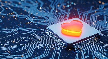 Cinematic shot of glowing heart-shaped silicon chip on a futuristic circuit board.