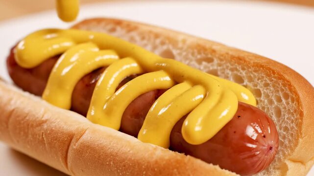 Mustard being squeezed onto a grilled hot dog in a bun, preparing a classic american fast food meal, footage