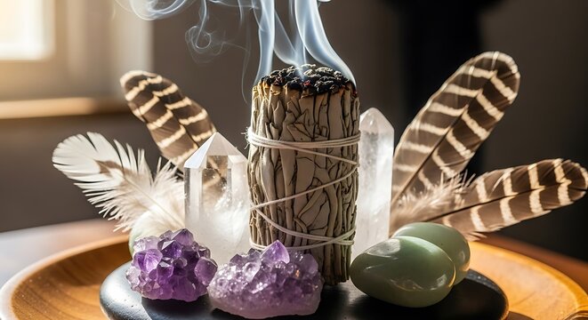 Sage smudging ritual with crystals and feathers creates spiritual ambiance.
