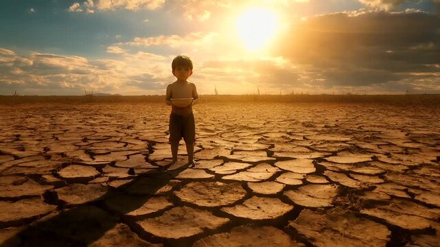 Drought natural disaster. A young boy stands in the middle of a cracked desert landscape during sunset. The sky is painted with hues of orange, yellow, and blue, with clouds scattered throughout.