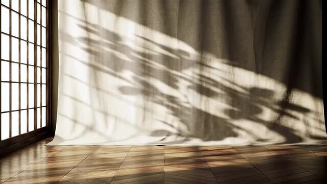 Elegant interior scene featuring sunlight streaming through a window onto a curtain.