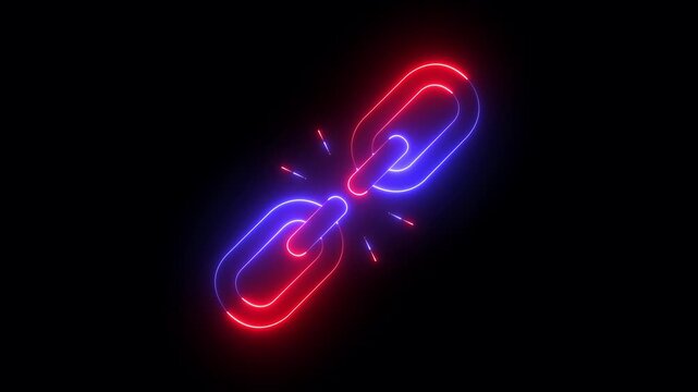 glowing neon unlink icon isolated on black background. broken Link icon animation. 4k video animation.