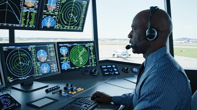 Air traffic controller at work in tower