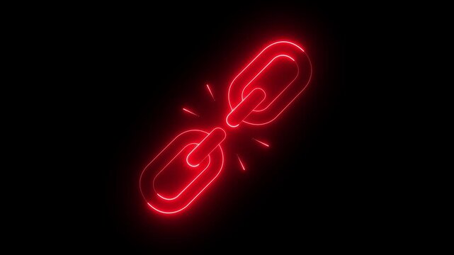 glowing neon unlink icon isolated on black background. broken Link icon animation. 4k video animation.