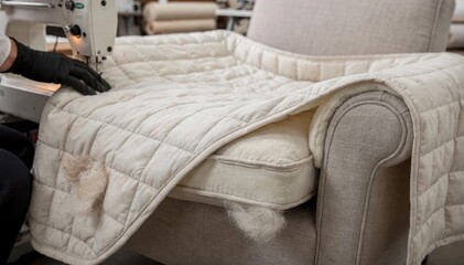 Obraz premium Quilted slipcover production in a medium shot showcasing detailed stitching and cushioning layers designed to add comfort and safeguard upholstered furniture from pet hair.