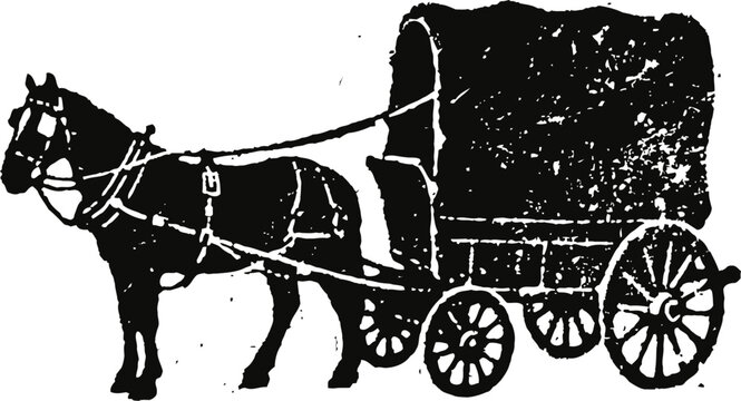 Horse drawn covered wagon silhouette with wooden wheels and harnessed horse
