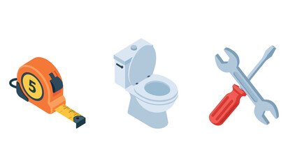 Plumbing tools and equipment: tape measure, toilet, wrench, screwdriver