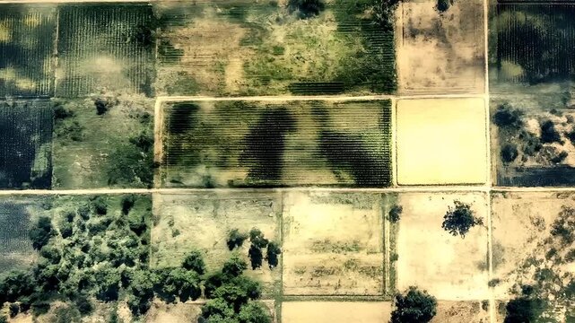 Aerial view of a patchwork of agricultural fields and trees, with a focus on the interplay of light and shadow across the landscape. The colors are muted, with shades of green, brown.