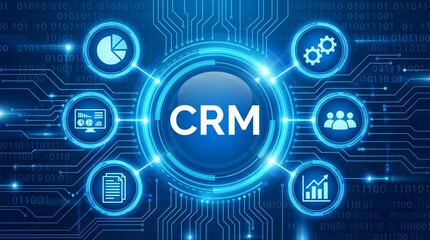 Fototapeta premium Customer Relationship Management CRM technology concept with glowing blue circuits and icons