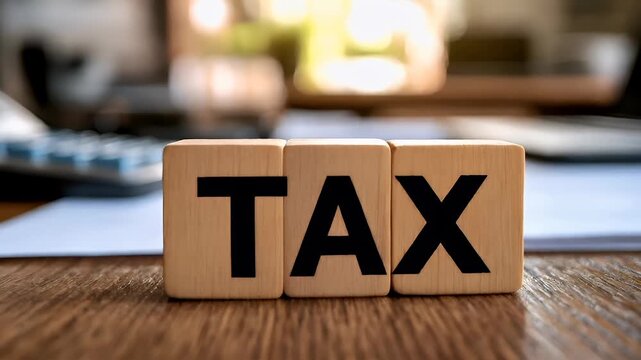 Tax return season. A closeup shot of a wooden table with a wooden block displaying the word TAX on it. The table has a rich, warm brown hue with visible grain patterns.