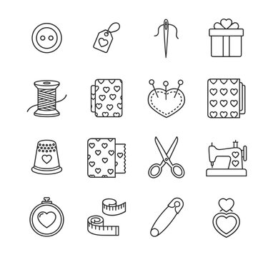 Sewing and crafting line icons set
