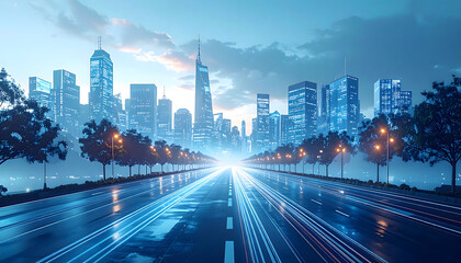 Obraz premium Car driving on wet city street at dusk with rain reflections and glowing lights of tall buildings at night