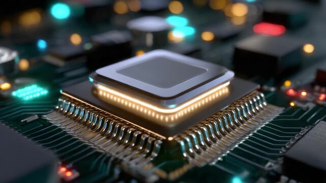 A Close-Up View of a Microprocessor on a Circuit Board, Showcasing the Intricate Details and Lighting Effects of Modern Technology in Computer Architecture, Highlighting the Complex Interconnectivity