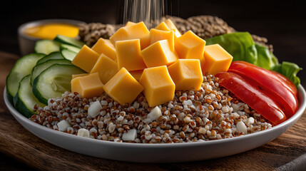 healthy grain bowl with buckwheat cubes of cheese fresh vegetables and seeds on rustic wooden table food nutrition concept