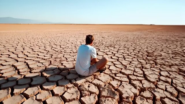 Drought natural disaster. A man sits crosslegged on cracked earth in a vast desert landscape, with a clear sky overhead. The scene is devoid of any human presence.