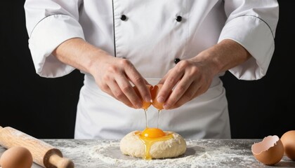 Chef preparing healthy food with eggs on a black background culinary action scene professional kitchen environment close-up viewpoint