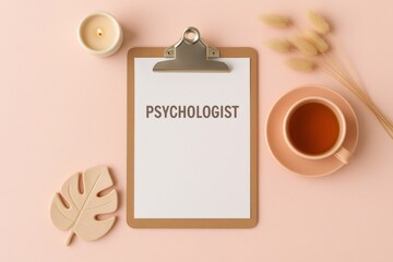 Psychologist clipboard on a soothing desk setting with tea mug, candle, and decor, representing mental health and well being
