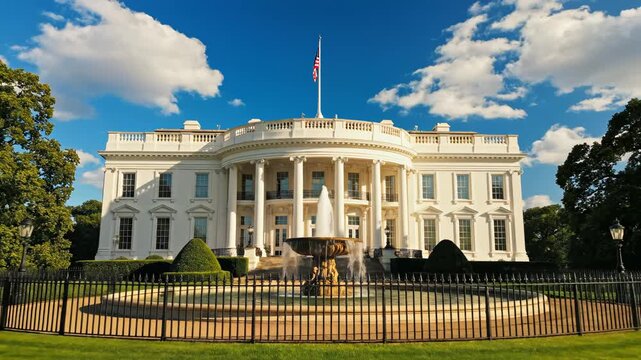 White House with fountain and flag