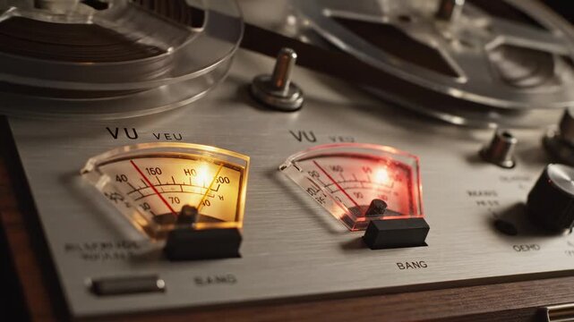 Illuminated vintage reel to reel tape recorder with glowing VU meters and spinning reels, retro audio equipment footage