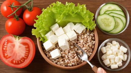 healthy grain bowl with barley cubes of cheese fresh vegetables and lettuce on wooden table clean nutrition concept