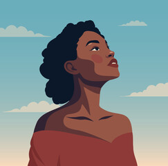 Vector illustration of an African American woman with an afro hairstyle looking up against, sky background. Strength, female empowerment, activism. For social campaigns, Women's Day, social media