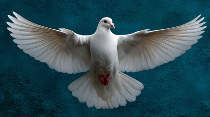 Obraz premium White dove in flight on a blue textured background