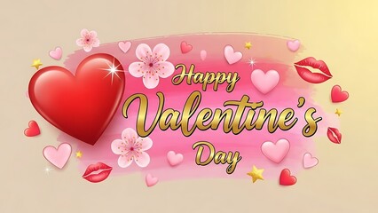 Vibrant greeting card illustration featuring a glossy red heart surrounded by pink cherry blossoms golden text wishing a happy valentine's day alongside scattered pink hearts gold stars and stylish re
