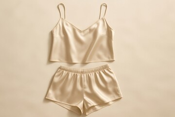 Beige satin camisole top and shorts set on a plain background, representing elegance and comfortable loungewear