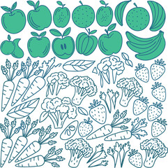 Hand drawn fruits and vegetables line art illustration set healthy organic food collection minimal outline kitchen design