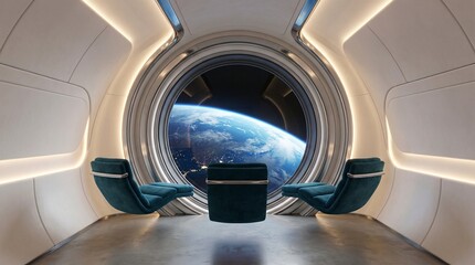 Fototapeta premium Minimalist Space Tourism Lounge Overlooking Earth