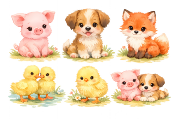 Cute Watercolor Farm Animal Collection with Pig, Puppy, Fox and Ducklings PNG