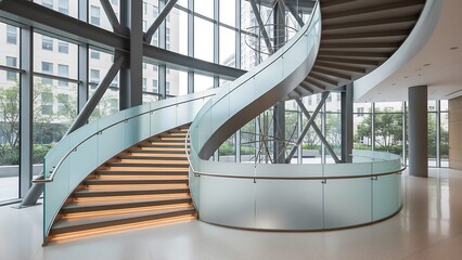 Modern architecture interior of an urban business building featuring a sleek glass and steel staircase with metal steps designed for a city office hall or airport entrance corridor