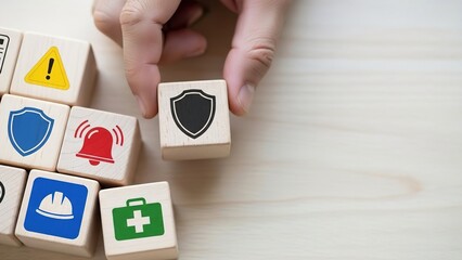 Person arranging wooden blocks with safety symbols to represent protection, security, and emergency preparedness in a workplace or emergency planning context effectively.