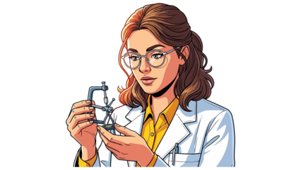 Female scientist in lab coat examining intricate scientific equipment with focus and precision