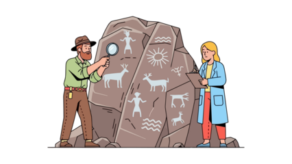 Archaeologists examine ancient petroglyphs on a rock face with magnifying glass and clipboard