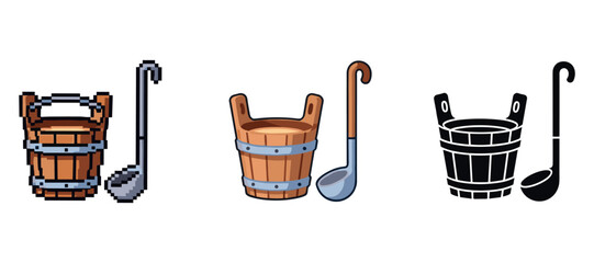 Pixel art and monochrome wooden buckets with metal ladles