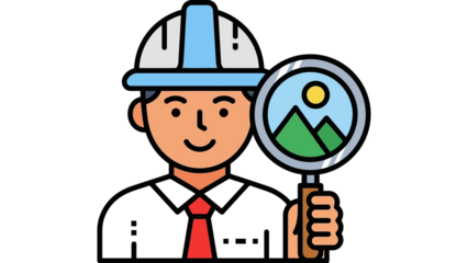 Construction worker inspecting landscape with magnifying glass, safety helmet and tie