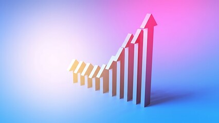 3D bar chart graphic with rising arrow symbol indicating upward trend on gradient background with bright spotlight, data analysis concept