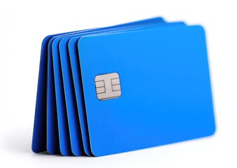 Stack of Blue Credit Cards with EMV Chip on White Background.