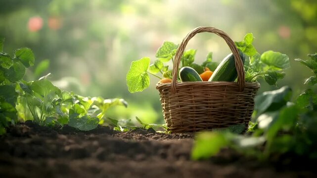 Organic food. Healthy quality lifestyle. A closeup of a wicker basket filled with fresh vegetables in a garden setting. The vegetables include zucchini, carrots, and other assorted produce.