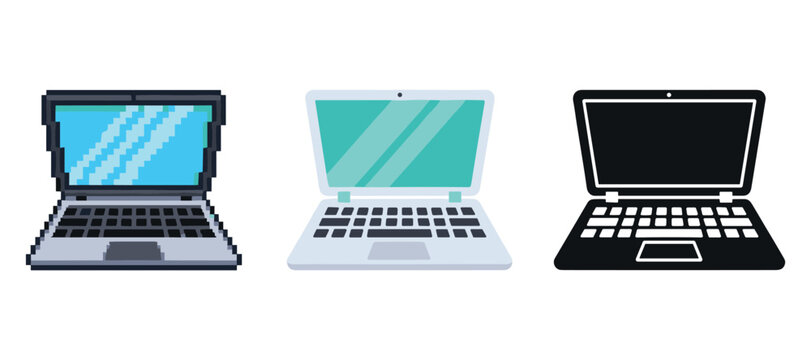 Three laptop icons: pixel art, flat design, and silhouette styles