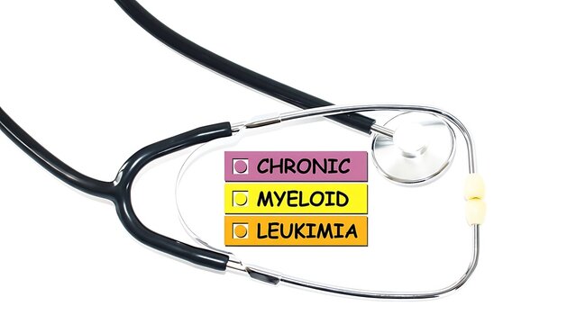 Medical stethoscope with checkboxes for Chronic Myeloid Leukemia diagnosis on white background, healthcare concept.